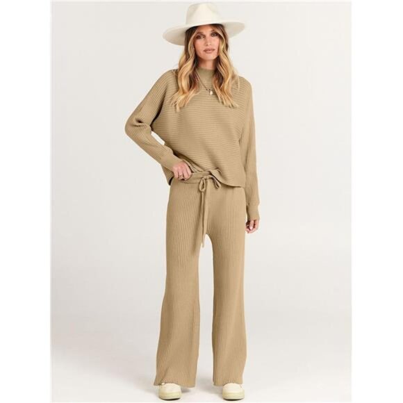 Women's Two Piece Outfit Crop Top Wide Leg Pants Cozy Knit Sweater Set - Picture 2 of 7